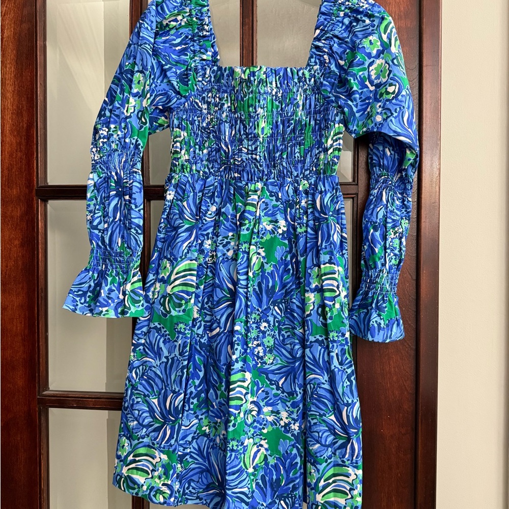 Lilly Pulitzer Blue and Green Smocked Long Sleeve Dress